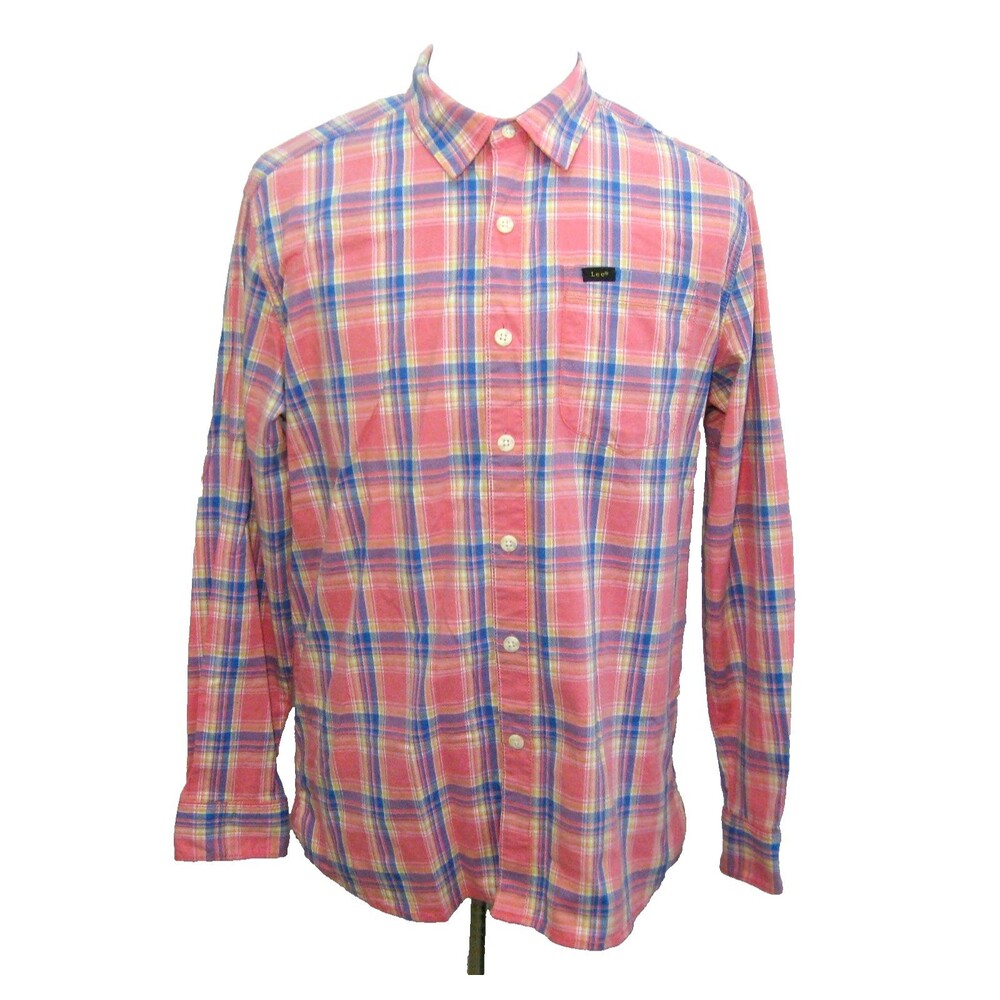 LEE Men's (Size Large) Pink Plaid Long Sleeve Button Front Logo Shirt Cotton